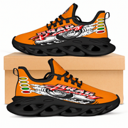 Handcrafted Orange Drag Racing M-Sole sneakers featuring a custom graphic, a starting line Christmas tree, and a smoking tire design on breathable mesh.