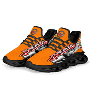 Handcrafted Orange Drag Racing M-Sole sneakers featuring a custom graphic, a starting line Christmas tree, and a smoking tire design on breathable mesh.