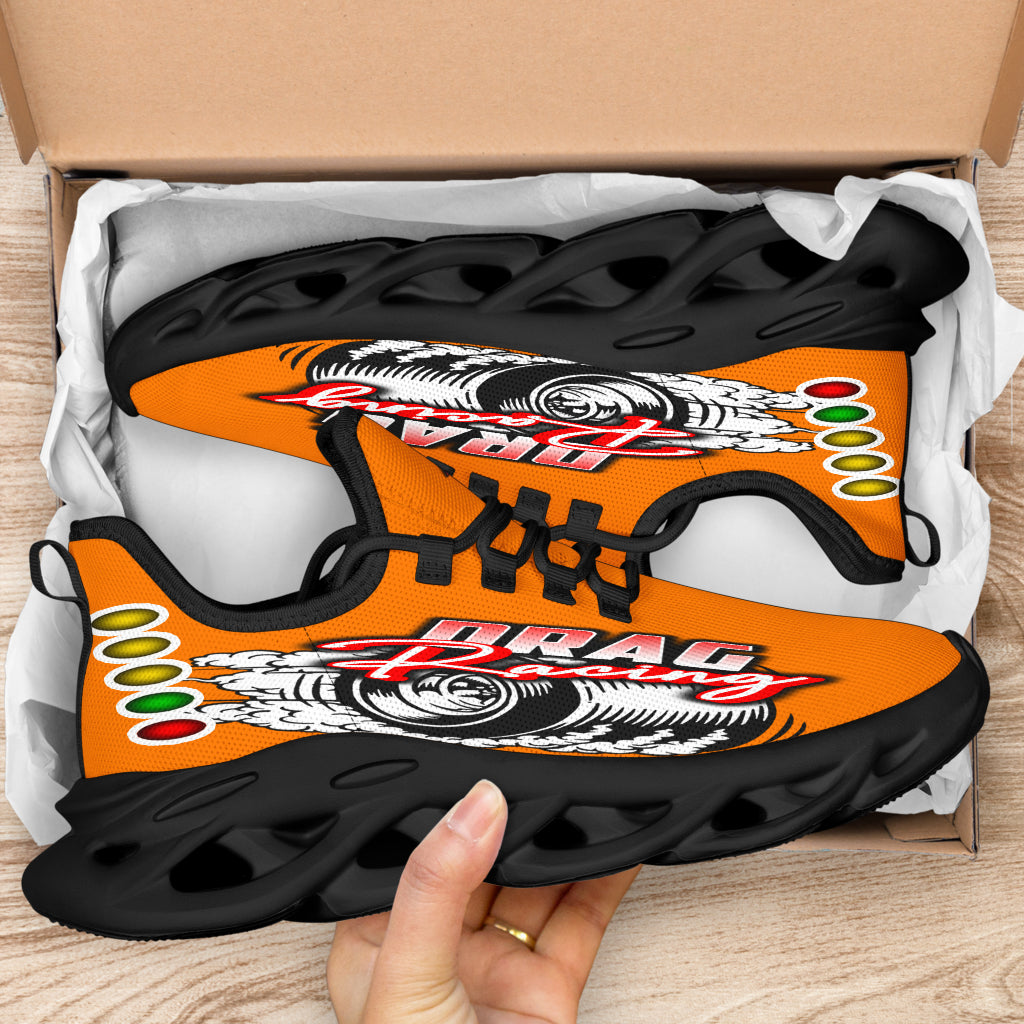 Handcrafted Orange Drag Racing M-Sole sneakers featuring a custom graphic, a starting line Christmas tree, and a smoking tire design on breathable mesh.