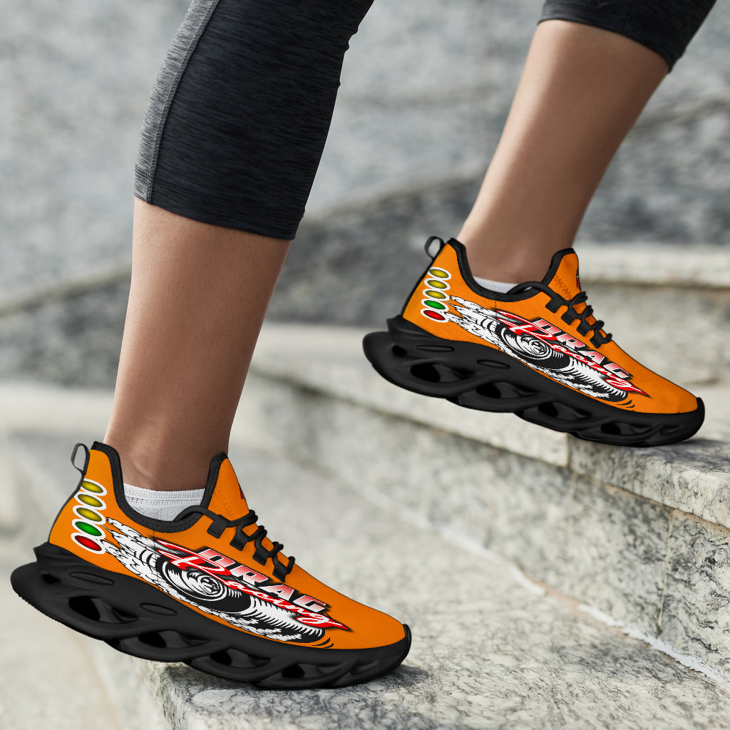 Handcrafted Orange Drag Racing M-Sole sneakers featuring a custom graphic, a starting line Christmas tree, and a smoking tire design on breathable mesh.