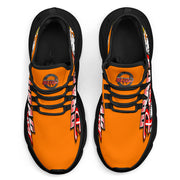 Handcrafted Orange Drag Racing M-Sole sneakers featuring a custom graphic, a starting line Christmas tree, and a smoking tire design on breathable mesh.