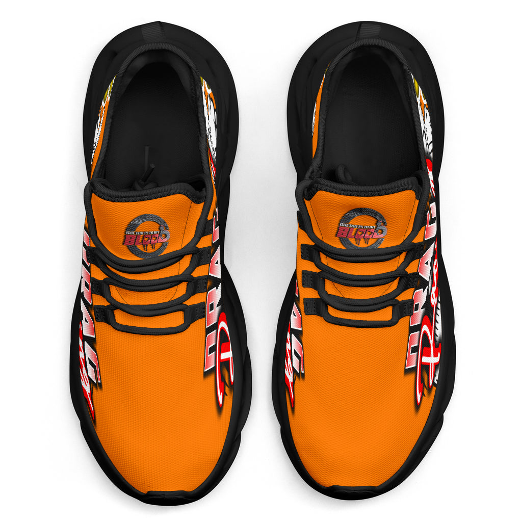 Handcrafted Orange Drag Racing M-Sole sneakers featuring a custom graphic, a starting line Christmas tree, and a smoking tire design on breathable mesh.