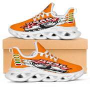 Handcrafted Orange Drag Racing M-Sole sneakers featuring a custom graphic, a starting line Christmas tree, and a smoking tire design on breathable mesh.
