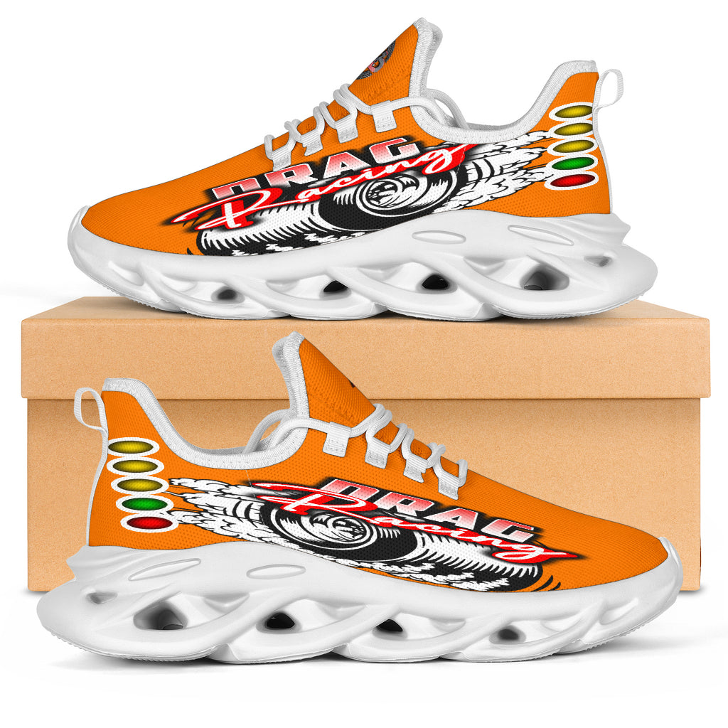 Handcrafted Orange Drag Racing M-Sole sneakers featuring a custom graphic, a starting line Christmas tree, and a smoking tire design on breathable mesh.