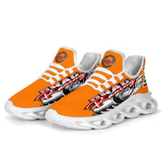 Handcrafted Orange Drag Racing M-Sole sneakers featuring a custom graphic, a starting line Christmas tree, and a smoking tire design on breathable mesh.