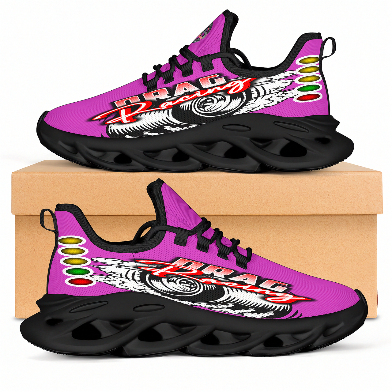 Handcrafted Pink Drag Racing M-Sole sneakers featuring a custom graphic, a starting line Christmas tree, and a smoking tire design on breathable mesh.