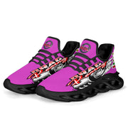 Handcrafted Pink Drag Racing M-Sole sneakers featuring a custom graphic, a starting line Christmas tree, and a smoking tire design on breathable mesh.
