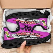 Handcrafted Pink Drag Racing M-Sole sneakers featuring a custom graphic, a starting line Christmas tree, and a smoking tire design on breathable mesh.