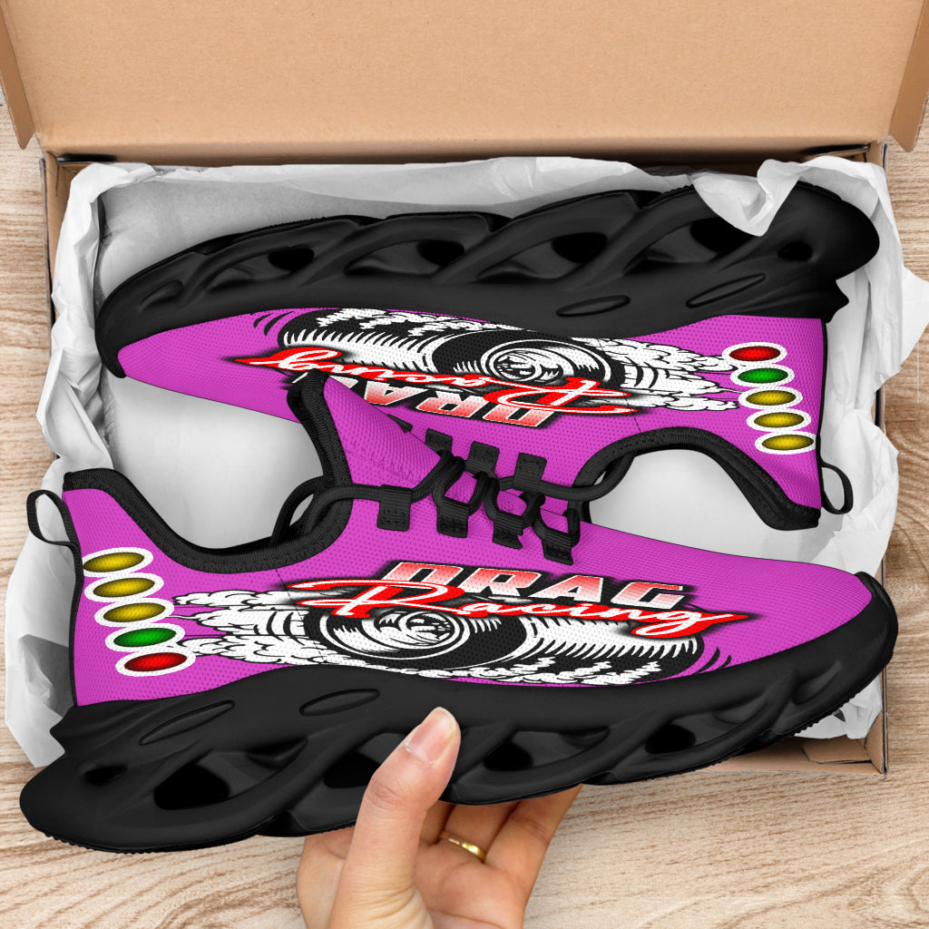 Handcrafted Pink Drag Racing M-Sole sneakers featuring a custom graphic, a starting line Christmas tree, and a smoking tire design on breathable mesh.