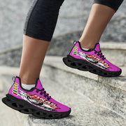 Handcrafted Pink Drag Racing M-Sole sneakers featuring a custom graphic, a starting line Christmas tree, and a smoking tire design on breathable mesh.