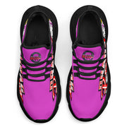 Handcrafted Pink Drag Racing M-Sole sneakers featuring a custom graphic, a starting line Christmas tree, and a smoking tire design on breathable mesh.