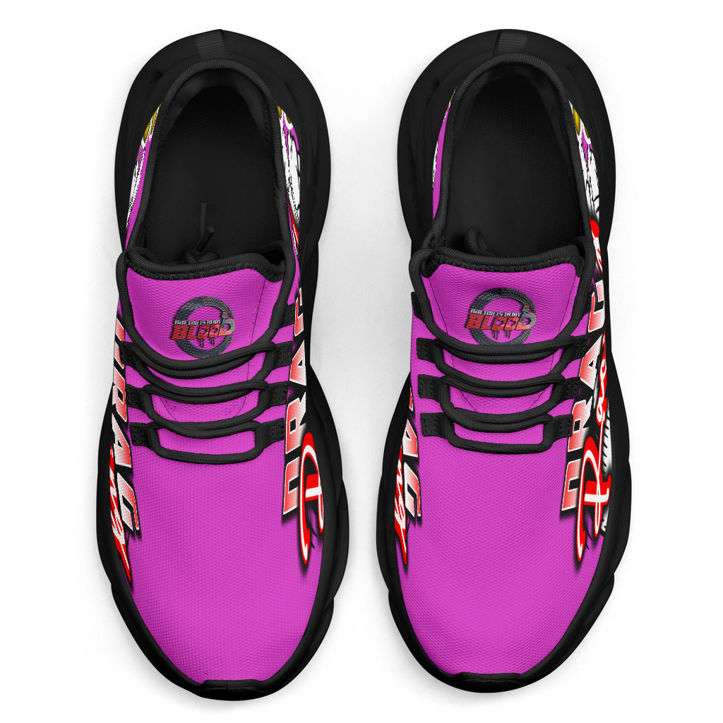 Handcrafted Pink Drag Racing M-Sole sneakers featuring a custom graphic, a starting line Christmas tree, and a smoking tire design on breathable mesh.