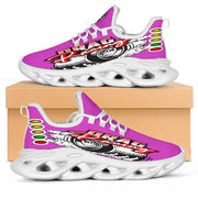Handcrafted Pink Drag Racing M-Sole sneakers featuring a custom graphic, a starting line Christmas tree, and a smoking tire design on breathable mesh.