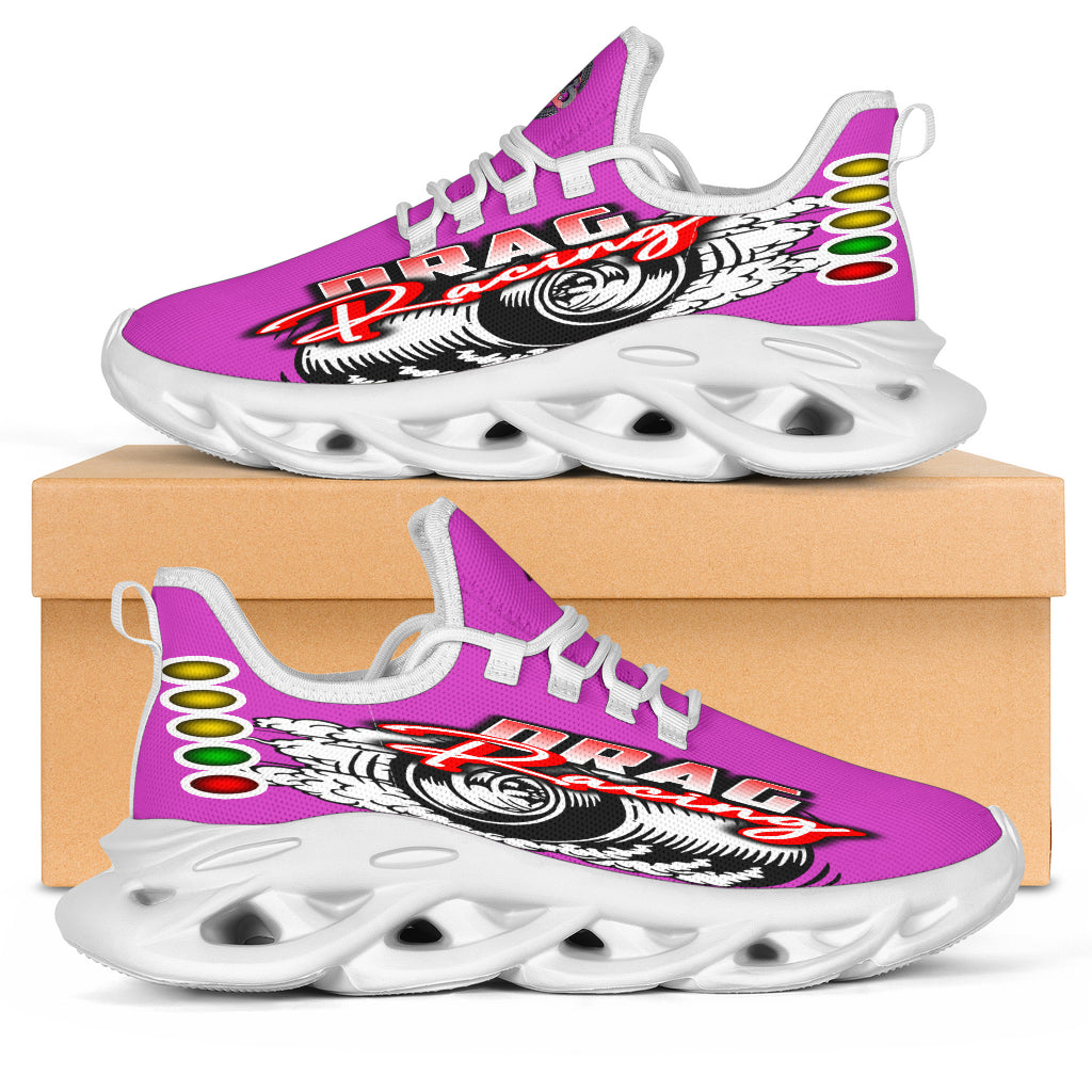 Handcrafted Pink Drag Racing M-Sole sneakers featuring a custom graphic, a starting line Christmas tree, and a smoking tire design on breathable mesh.