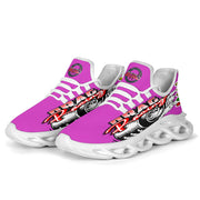Handcrafted Pink Drag Racing M-Sole sneakers featuring a custom graphic, a starting line Christmas tree, and a smoking tire design on breathable mesh.