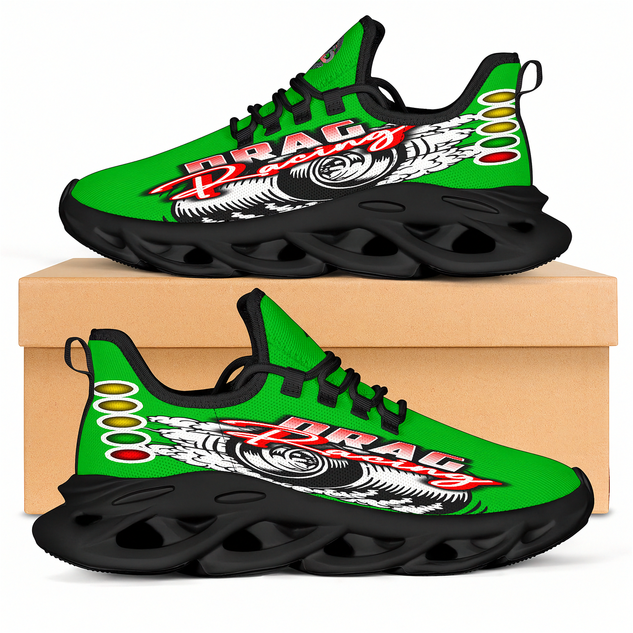 Handcrafted Pistachio Green Drag Racing M-Sole sneakers featuring a custom graphic, a starting line Christmas tree, and a smoking tire design on breathable mesh.