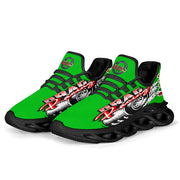 Handcrafted Pistachio Green Drag Racing M-Sole sneakers featuring a custom graphic, a starting line Christmas tree, and a smoking tire design on breathable mesh.