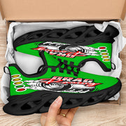 Handcrafted Pistachio Green Drag Racing M-Sole sneakers featuring a custom graphic, a starting line Christmas tree, and a smoking tire design on breathable mesh.