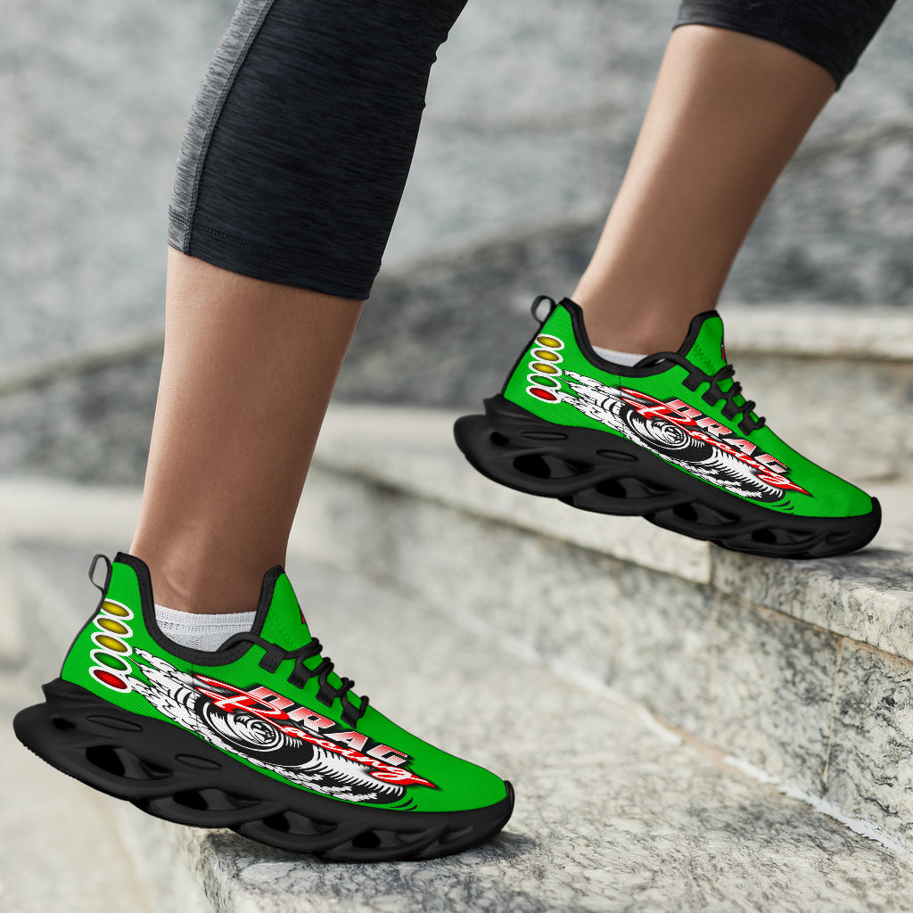 Handcrafted Pistachio Green Drag Racing M-Sole sneakers featuring a custom graphic, a starting line Christmas tree, and a smoking tire design on breathable mesh.