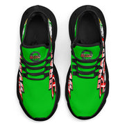Handcrafted Pistachio Green Drag Racing M-Sole sneakers featuring a custom graphic, a starting line Christmas tree, and a smoking tire design on breathable mesh.