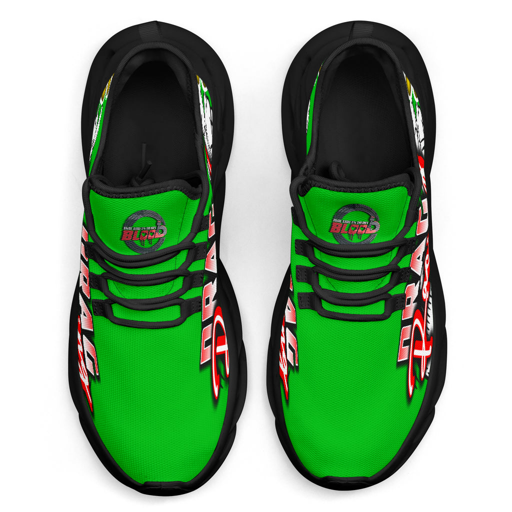 Handcrafted Pistachio Green Drag Racing M-Sole sneakers featuring a custom graphic, a starting line Christmas tree, and a smoking tire design on breathable mesh.