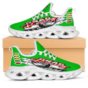 Handcrafted Pistachio Green Drag Racing M-Sole sneakers featuring a custom graphic, a starting line Christmas tree, and a smoking tire design on breathable mesh.