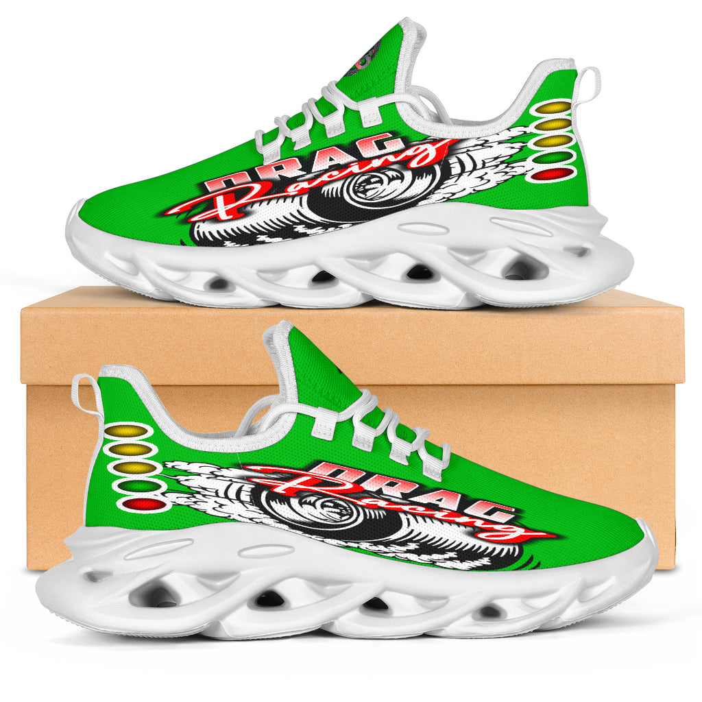 Handcrafted Pistachio Green Drag Racing M-Sole sneakers featuring a custom graphic, a starting line Christmas tree, and a smoking tire design on breathable mesh.