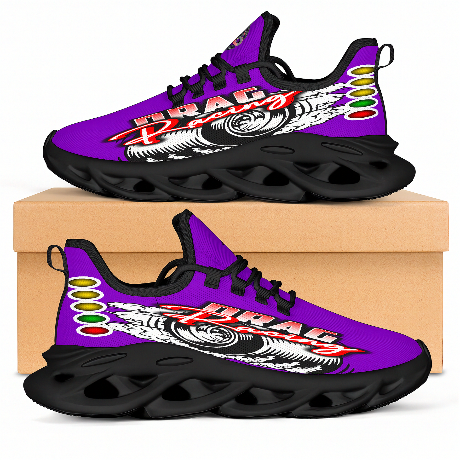 Handcrafted Purple Drag Racing M-Sole sneakers featuring a custom graphic, a starting line Christmas tree, and a smoking tire design on breathable mesh.