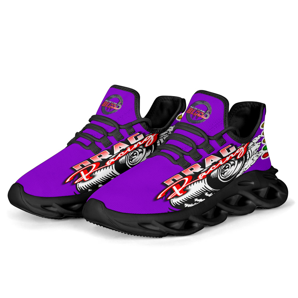 Handcrafted Purple Drag Racing M-Sole sneakers featuring a custom graphic, a starting line Christmas tree, and a smoking tire design on breathable mesh.