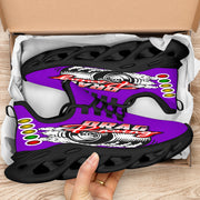 Handcrafted Purple Drag Racing M-Sole sneakers featuring a custom graphic, a starting line Christmas tree, and a smoking tire design on breathable mesh.