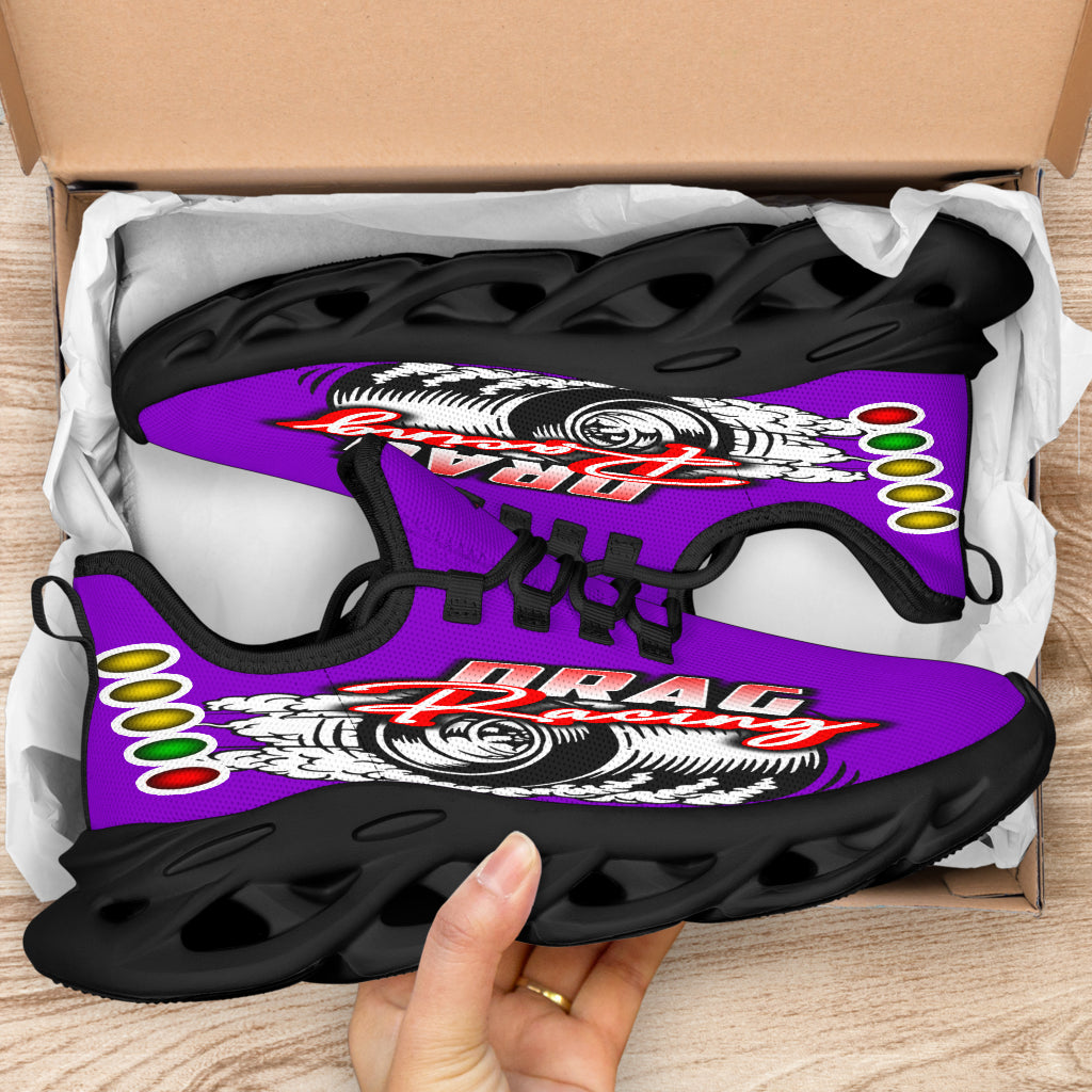 Handcrafted Purple Drag Racing M-Sole sneakers featuring a custom graphic, a starting line Christmas tree, and a smoking tire design on breathable mesh.