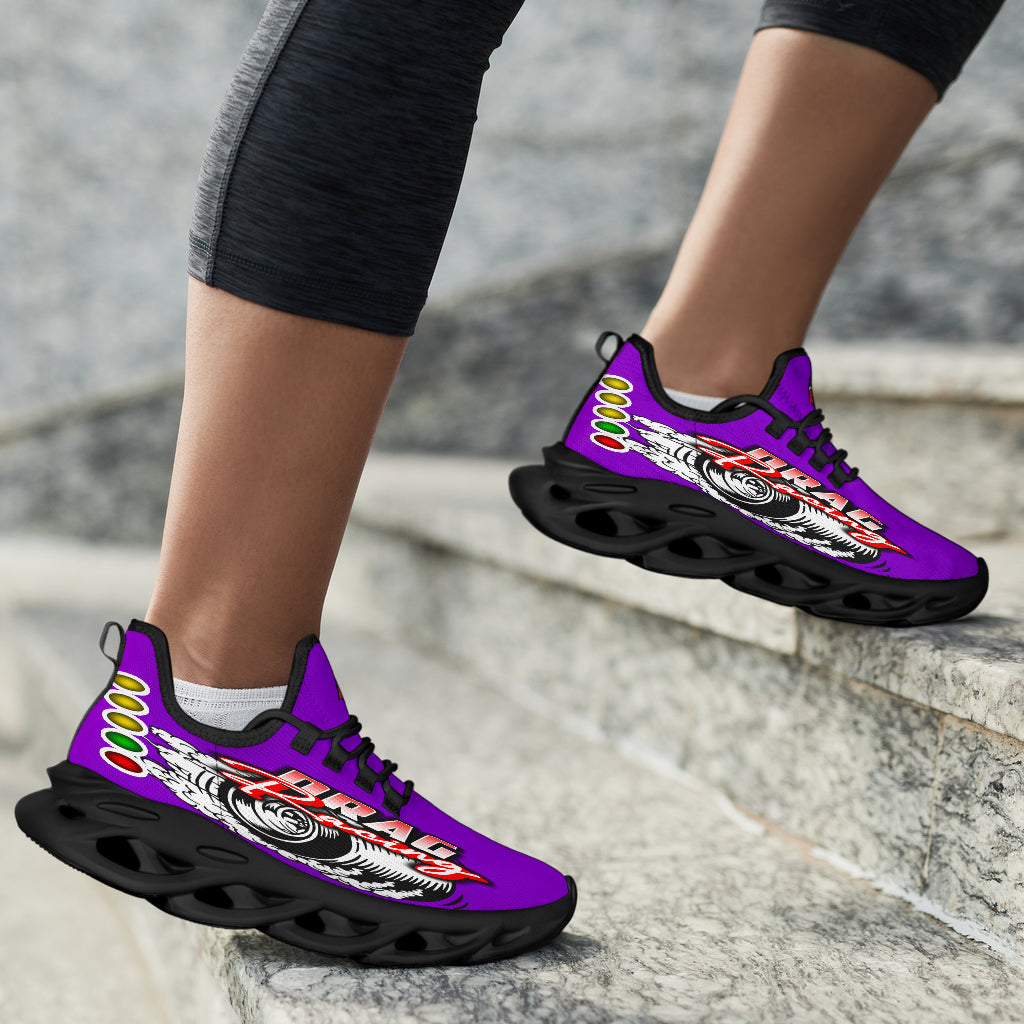 Handcrafted Purple Drag Racing M-Sole sneakers featuring a custom graphic, a starting line Christmas tree, and a smoking tire design on breathable mesh.