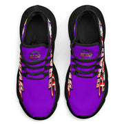 Handcrafted Purple Drag Racing M-Sole sneakers featuring a custom graphic, a starting line Christmas tree, and a smoking tire design on breathable mesh.