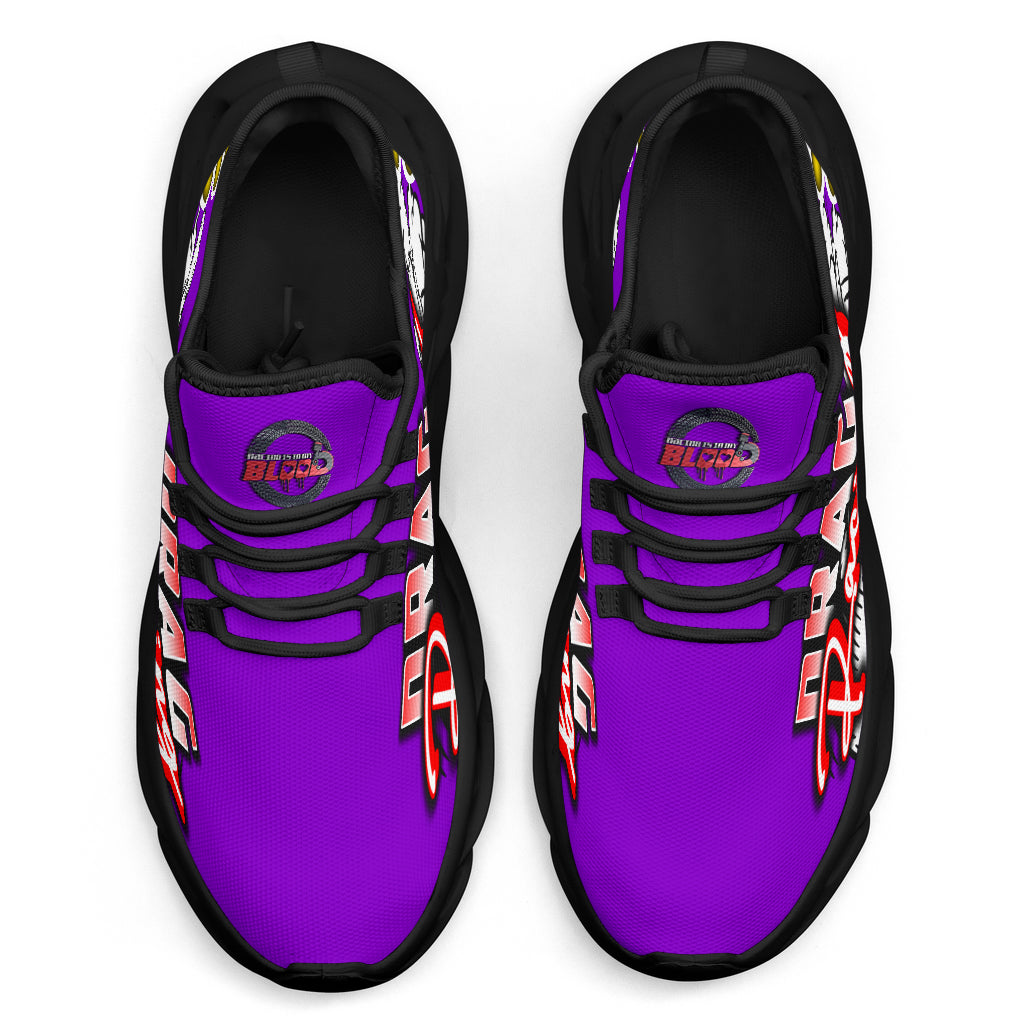 Handcrafted Purple Drag Racing M-Sole sneakers featuring a custom graphic, a starting line Christmas tree, and a smoking tire design on breathable mesh.