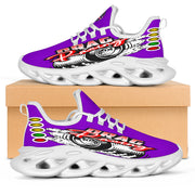 Handcrafted Purple Drag Racing M-Sole sneakers featuring a custom graphic, a starting line Christmas tree, and a smoking tire design on breathable mesh.