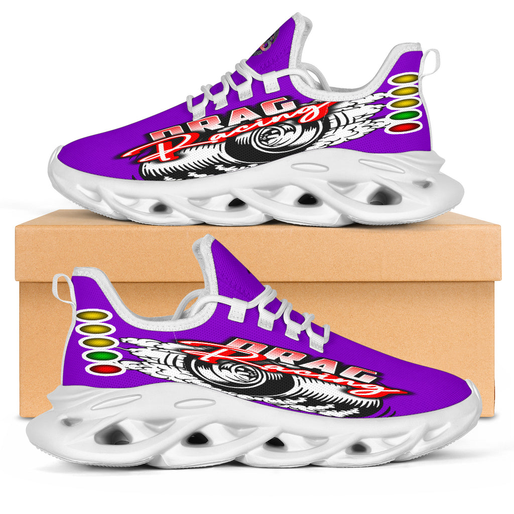 Handcrafted Purple Drag Racing M-Sole sneakers featuring a custom graphic, a starting line Christmas tree, and a smoking tire design on breathable mesh.