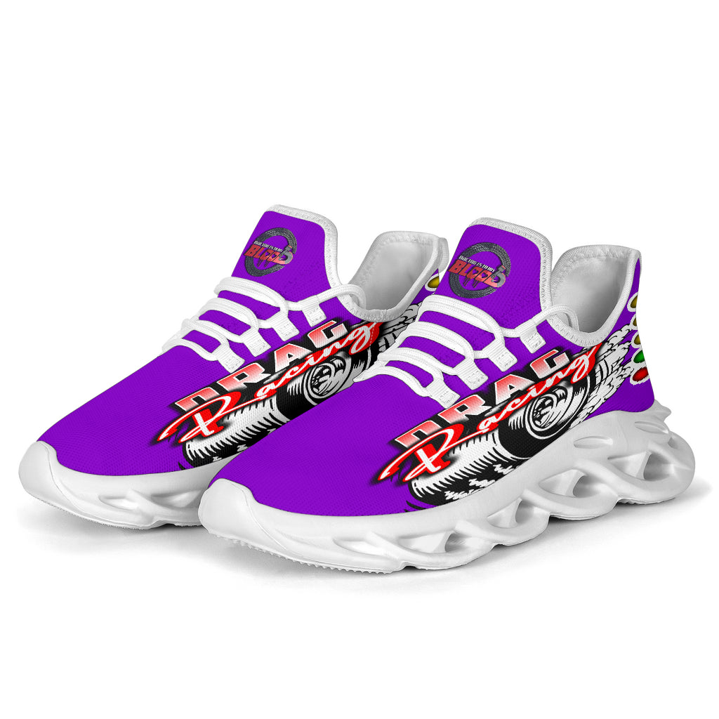 Handcrafted Purple Drag Racing M-Sole sneakers featuring a custom graphic, a starting line Christmas tree, and a smoking tire design on breathable mesh.