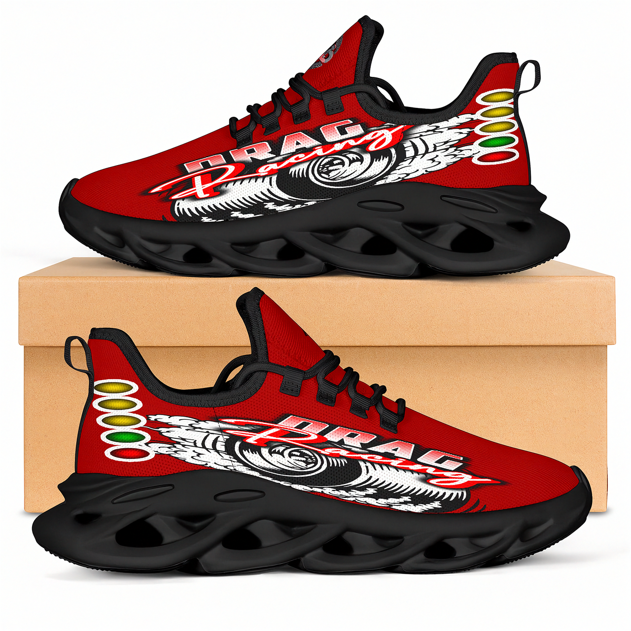 Handcrafted Red Drag Racing M-Sole sneakers featuring a custom graphic, a starting line Christmas tree, and a smoking tire design on breathable mesh.