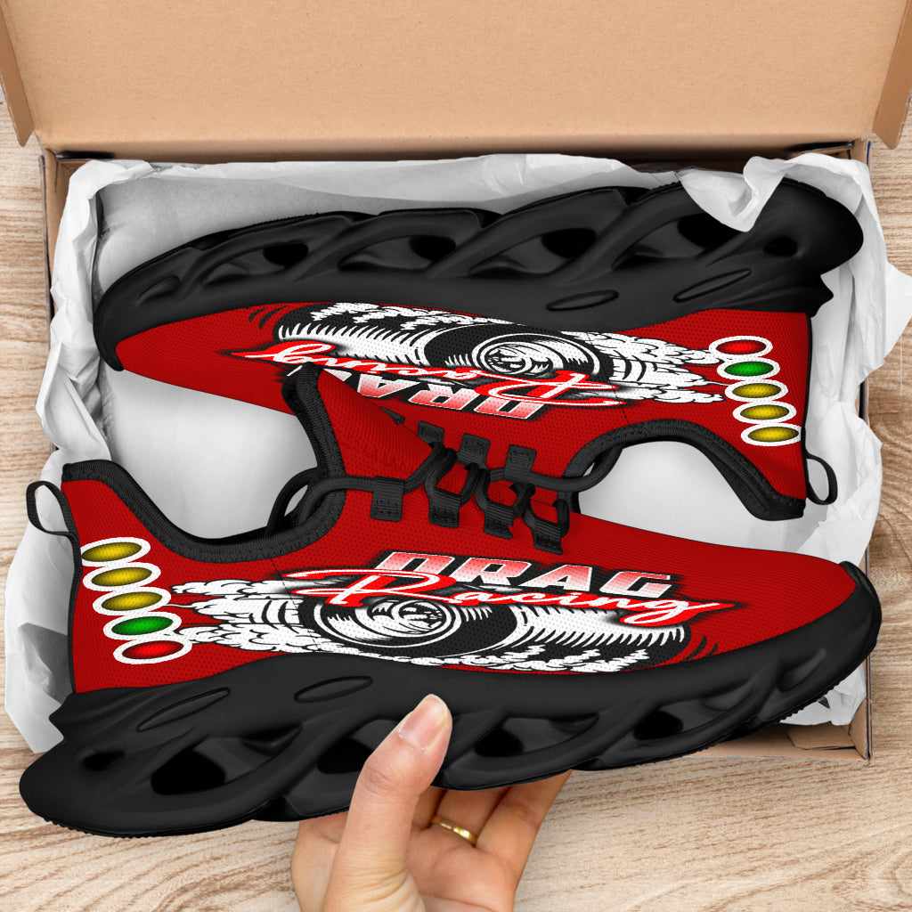 Handcrafted Red Drag Racing M-Sole sneakers featuring a custom graphic, a starting line Christmas tree, and a smoking tire design on breathable mesh.