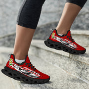 Handcrafted Red Drag Racing M-Sole sneakers featuring a custom graphic, a starting line Christmas tree, and a smoking tire design on breathable mesh.