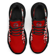 Handcrafted Red Drag Racing M-Sole sneakers featuring a custom graphic, a starting line Christmas tree, and a smoking tire design on breathable mesh.