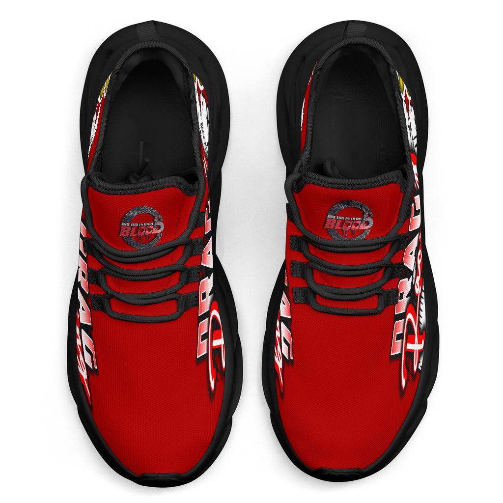 Handcrafted Red Drag Racing M-Sole sneakers featuring a custom graphic, a starting line Christmas tree, and a smoking tire design on breathable mesh.