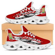 Handcrafted Red Drag Racing M-Sole sneakers featuring a custom graphic, a starting line Christmas tree, and a smoking tire design on breathable mesh.