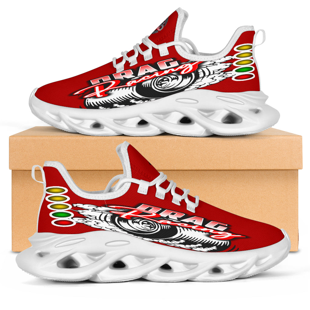 Handcrafted Red Drag Racing M-Sole sneakers featuring a custom graphic, a starting line Christmas tree, and a smoking tire design on breathable mesh.