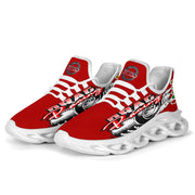 Handcrafted Red Drag Racing M-Sole sneakers featuring a custom graphic, a starting line Christmas tree, and a smoking tire design on breathable mesh.