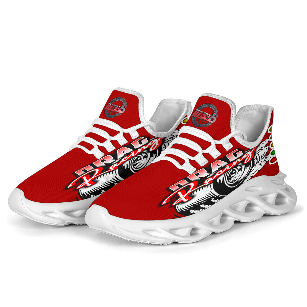 Handcrafted Red Drag Racing M-Sole sneakers featuring a custom graphic, a starting line Christmas tree, and a smoking tire design on breathable mesh.
