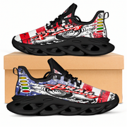 Handcrafted USA Drag Racing M-Sole sneakers featuring a patriotic-themed custom graphic with a starting line Christmas tree and a smoking tire design on breathable mesh.