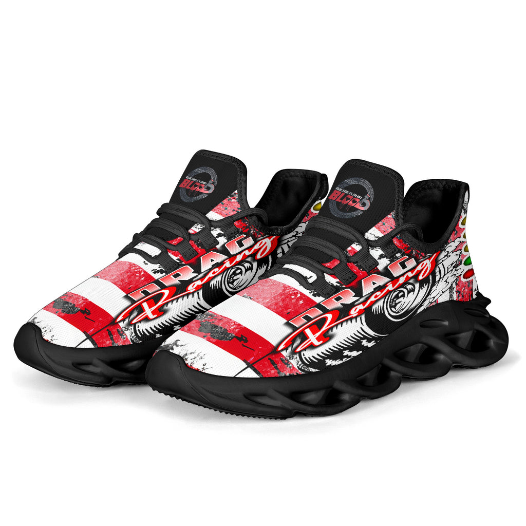 Handcrafted USA Drag Racing M-Sole sneakers featuring a patriotic-themed custom graphic with a starting line Christmas tree and a smoking tire design on breathable mesh.