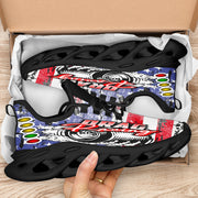 Handcrafted USA Drag Racing M-Sole sneakers featuring a patriotic-themed custom graphic with a starting line Christmas tree and a smoking tire design on breathable mesh.