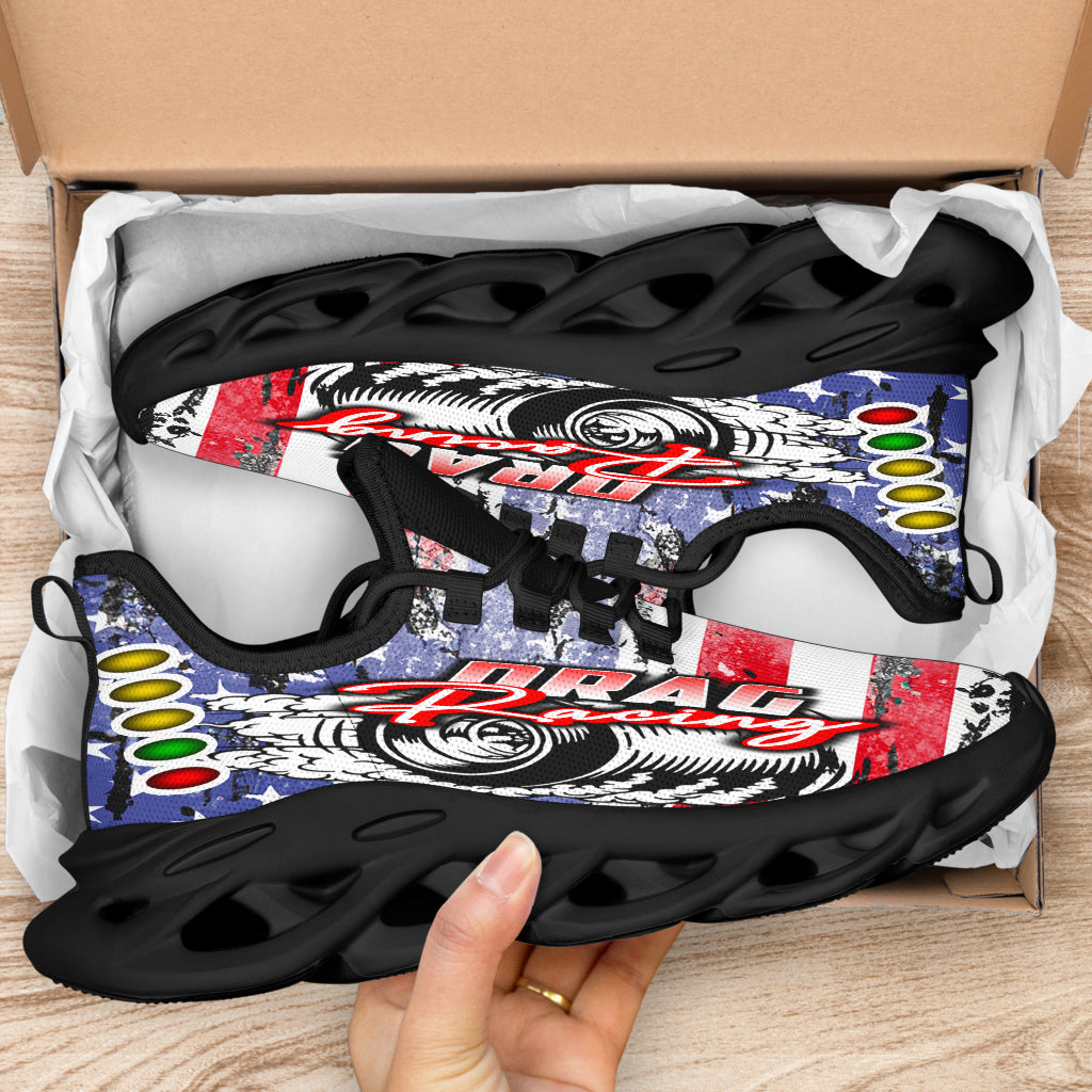 Handcrafted USA Drag Racing M-Sole sneakers featuring a patriotic-themed custom graphic with a starting line Christmas tree and a smoking tire design on breathable mesh.